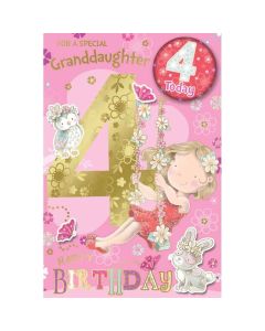 Granddaughter Age 4 Badged Card. 23x15cm (9x6 Inches)