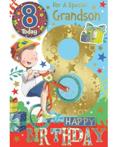 Grandson Age 8 Badged Card. 23x15cm (9x6 Inches)