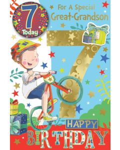 To A Special Great Grandson Aged 7 Badged Birthday Card. 23x15cm (9x6 Inches)