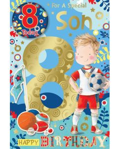 For A Special Son Age 8 Badged Card. 23x15cm (9x6 Inches)