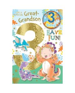 Great Grandson Age 3 Badged Card. 23x15cm (9x6 Inches)