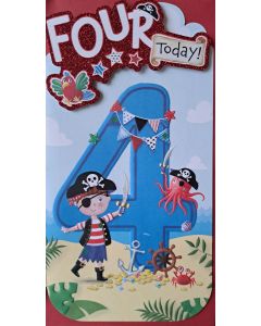 Boys 4th Birthday Card. Four Today Pirate Card For Age 4 Boy. 23x12cm