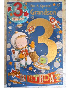 For A Special Grandson Age 3. Badged Birthday Card. 23x15cm
