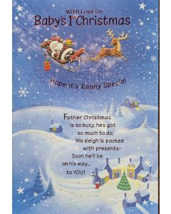 With Love On Baby's 1st Christmas Card. Santa Flying Over Town. 23x15cm (9x6 Inches)