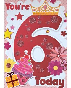 Girls You're 6 Today Cute Birthday Card. 19x13cm (8c6 Inches)