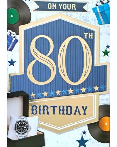 Mens On Your 80th Birthday Card. 19x13cm (8c6 Inches)