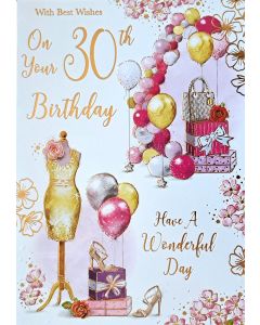 Female With Best Wishes On Your 30th Birthday Card. 19x13cm (8c6 Inches)