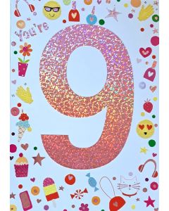 Girls Cute You're 9 9th Birthday Card. 19x13cm (8c6 Inches)
