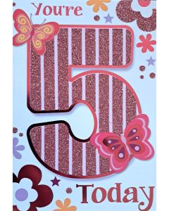 Girls Cute You're 5 5th Birthday Card. 19x13cm (8c6 Inches)
