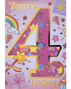 Girls Cute You're 4 4th Birthday Card. 19x13cm (8c6 Inches)