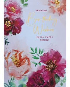Sending Birthday Wishes. Card for Female. Floral Design. 19x13cm (8x6 Inches)