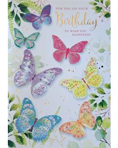 For You On Your Birthday Card For Female. Butterfly Design. 19x13cm (8x6 Inches)