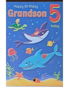 Grandson 5th Birthday. 5 Today. Whale Design Birthday Card. 23x15cm (9x6 Inches)