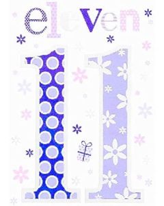 11th Birthday Card. Eleven Card for Girl. Size 19x13cm (8x6 Inches)