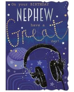 Nephew birthday card. Picture of headphones. 19x13cm (8x6 Inches)