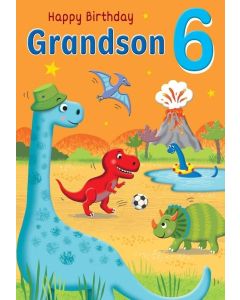 Grandson 6th Birthday Card. Dinosaur Theme. 23x15cm (9x6 Inches)