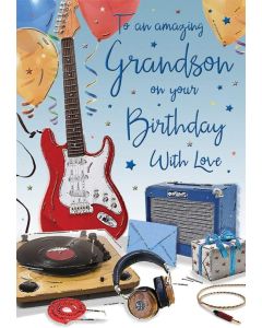 Grandson On Your Birthday Card. Picture Of Guitar.23x15cm (9x6 Inches)