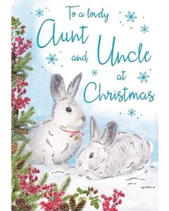 To A Lovely Aunt and Uncle at Christmas Card. Cute Bunny Rabbits. 23x15cm