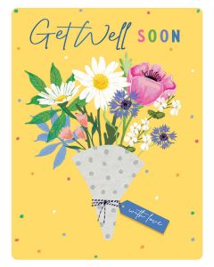 Get Well Soon Card. Flowers On Yellow Background. 19x13cm (8x6 Inches)