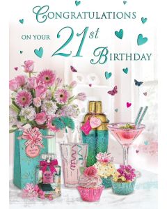 21st Birthday Card For Female.  23x15cm (9x6 Inches)