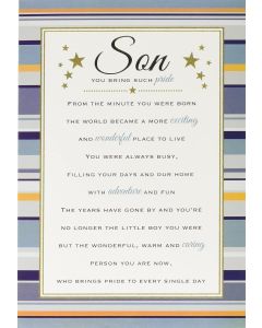 Son Birthday Card. Lovely Verse On Front Of Card. 23x15cm (9x6 Inches)