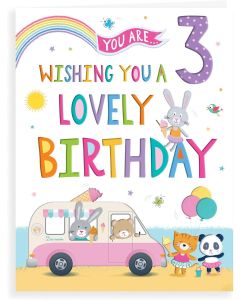 Age 3 Birthday Card - Ice Cream Van Tiger Panda Rabbit 19x13cm (8x6 Inches)