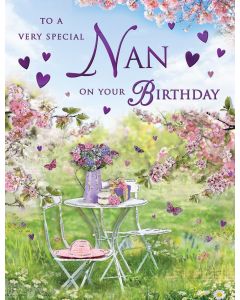 To A Very Special Nan On You Birthday Card. Garden Scene. 19x13cm