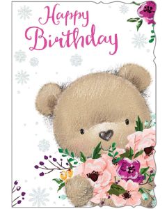 Happy Birthday. Cute Teddy Bear And Flower Design Card For Female. 8x6 inches (23x15cm)