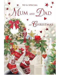 Mum and Dad Christmas Card. Stockings On Fire Place. 23x15cm