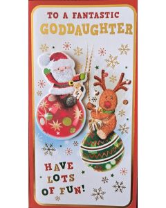 To A Fantastic Goddaughter Santa and Rudolph Christmas Card. 23x12cm