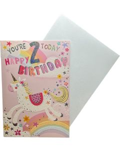 Age 2 Female Unicorn Card. 19x13cm (8x6 Inches)