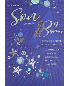 To A Great Son 18th Birthday Card. 23x15cm (9x6 Inches)