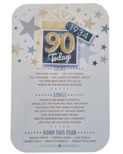 90 Today Born In 1934. 90th Birthday Card For Male. Size 23x15 cm (9x6 Inches)