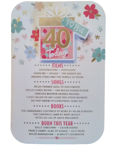 40 Today Born In 1984. 40th Birthday Card For Female. Size 23x15 cm (9x6 Inches)